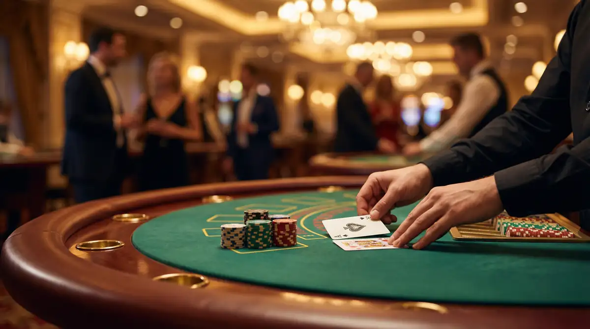 Mesa de blackjack profesional con cartas y fichas de casino